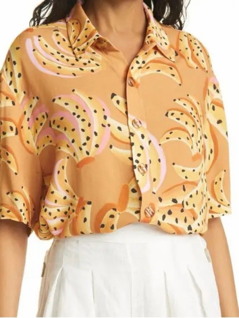 Farm Rio Women's Tan Banana-Print Button-Front Top